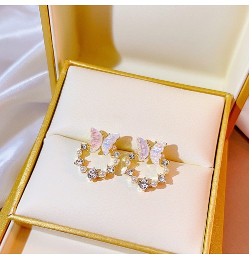 S925 Silver needle circle butterfly stud earrings, women's design sense, white pearl high-end feel, tea-themed gentle earrings and earrings S925 Silver needle circle butterfly stud earrings, women's design sense, white pearl high-end feel, tea-themed gentle earrings and earrings