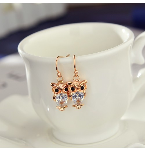 Cross-border rose gold zircon stud earrings, women's versatile and fresh, European and American owl earrings factory direct sales