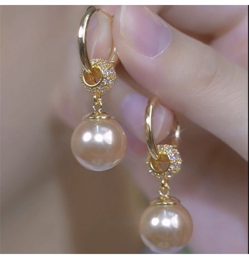 Champagne-colored pearl earrings, high-end and fashionable earrings and pendants,  design new diamond ball pearl earrings