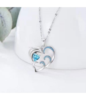 Cross-border Korean-style fashionable women's heart-shaped dolphin diamond-encrusted necklace, Korean-style cute heart-shaped collarbone chain and necklace jewelry