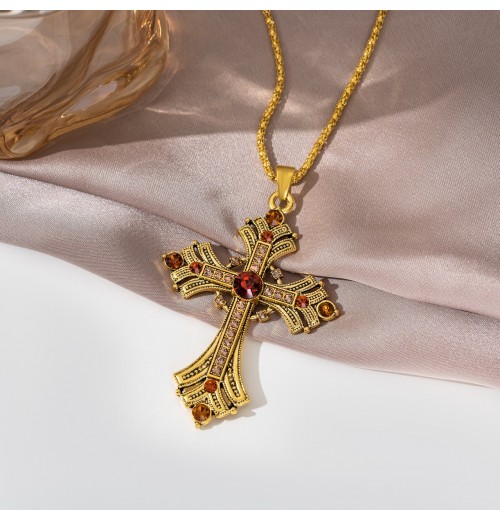 Golden medieval subculture cross rhinestone necklace, Millennium sweet and cool style long clavicle chain, hot girl