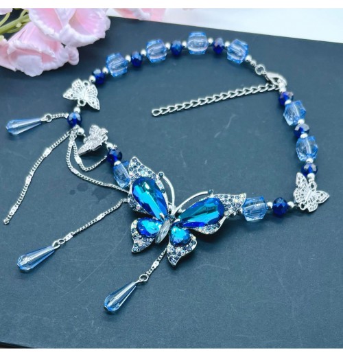 New water drop butterfly collarbone chain, deep blue niche retro butterfly crystal elegant necklace, high-end necklaces for women