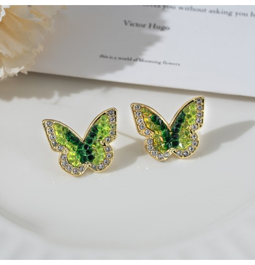 New fashionable silver needle colored earrings, butterfly gradient crystal stud earrings, sweet and retro forest-style green crystal, light luxury for women New fashionable silver needle colored earrings, butterfly gradient crystal stud earrings, sweet and retro forest-style green crystal, light luxury for women