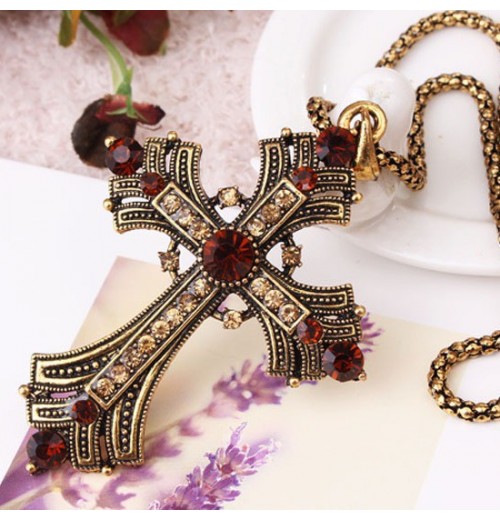 new retro diamond-encrusted necklace, water diamond long cross necklace, sweater chain, punk necklace, punk item new retro diamond-encrusted necklace, water diamond long cross necklace, sweater chain, punk necklace, punk item