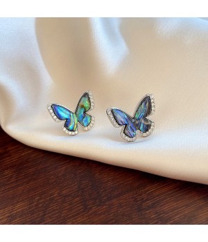 Fashionable and high-end, colorful abalone shell, exquisite and light luxury, zirconium stud earrings, commuting style, forest-themed butterfly, super sparkling earrings