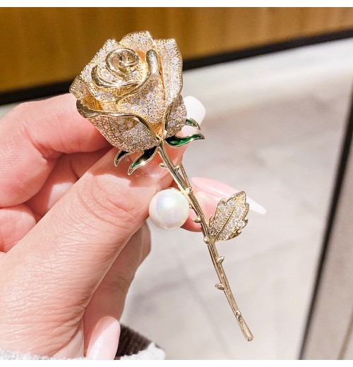 New best-selling alloy fashion full-diamond pearl rose brooch, high-end niche brooch pin, versatile for suits