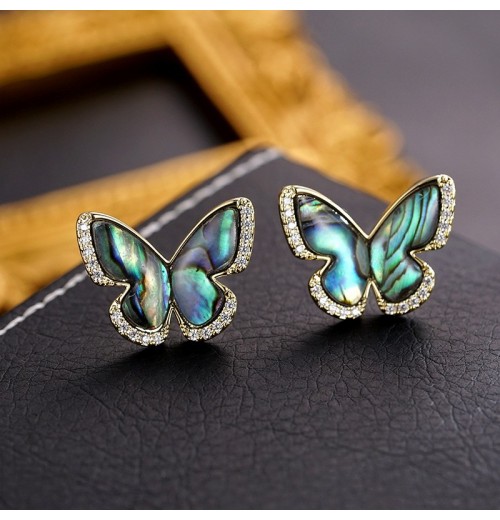 Fashionable and high-end, colorful abalone shell, exquisite and light luxury, zirconium stud earrings, commuting style, forest-themed butterfly, super sparkling earrings Fashionable and high-end, colorful abalone shell, exquisite and light luxury, zirconium stud earrings, commuting style, forest-themed butterfly, super sparkling earrings