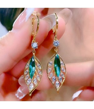 Sparkling zircon green leaf versatile ear clings, golden branch and jade leaf earrings,  new trendy ear accessories