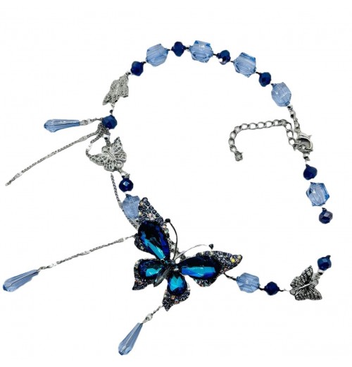 New water drop butterfly collarbone chain, deep blue niche retro butterfly crystal elegant necklace, high-end necklaces for women