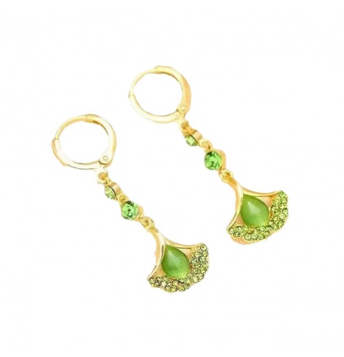 The light luxury and high-end green ginkgo leaf cat's eye stone long tassel earrings are fashionable and elegant, and are popular earrings for women