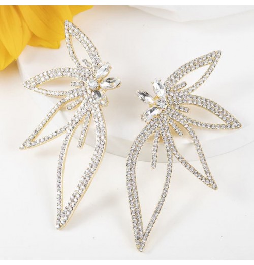 Cross-border European and American fashion new style, exaggerated and grand, studded with water diamonds, full of flowers, leaf-shaped flower earrings for women Cross-border European and American fashion new style, exaggerated and grand, studded with water diamonds, full of flowers, leaf-shaped flower earrings for women