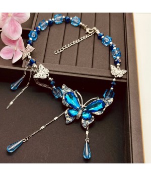 New water drop butterfly collarbone chain, deep blue niche retro butterfly crystal elegant necklace, high-end necklaces for women