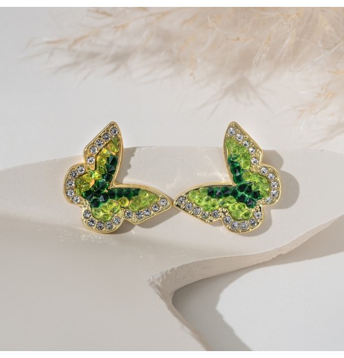 New fashionable silver needle colored earrings, butterfly gradient crystal stud earrings, sweet and retro forest-style green crystal, light luxury for women New fashionable silver needle colored earrings, butterfly gradient crystal stud earrings, sweet and retro forest-style green crystal, light luxury for women