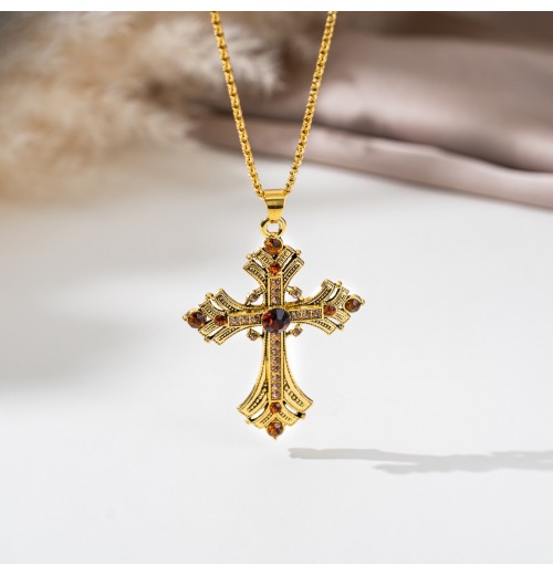 Golden medieval subculture cross rhinestone necklace, Millennium sweet and cool style long clavicle chain, hot girl