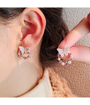 S925 Silver needle circle butterfly stud earrings, women's design sense, white pearl high-end feel, tea-themed gentle earrings and earrings